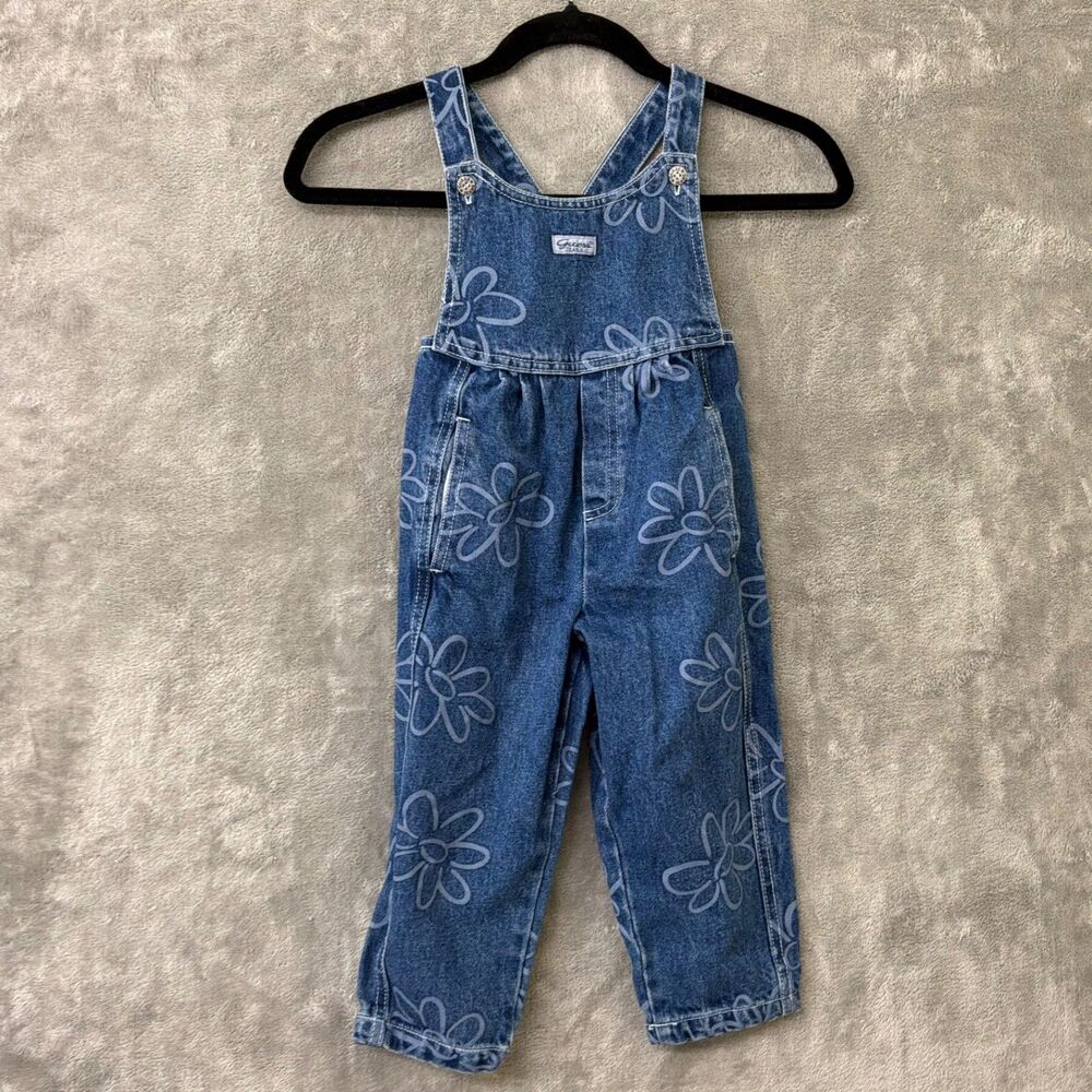GUESS Baby 2T Bib Overalls 80s USA Vtg floral blue gather back w pockets